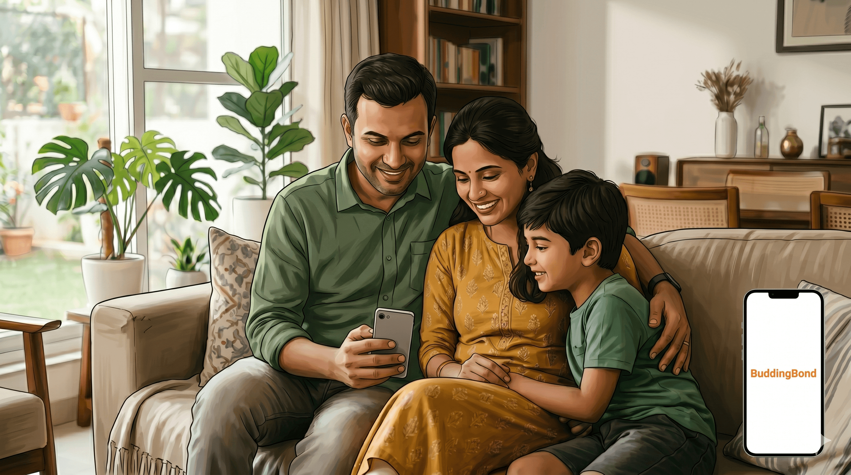 A modern Indian family — father, mother and child — sitting together on a sofa, looking at the Parentin app